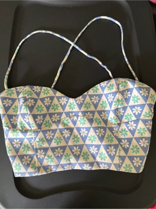 Zara Tops - Zara Blue, White & Mint Floral Bustier Top